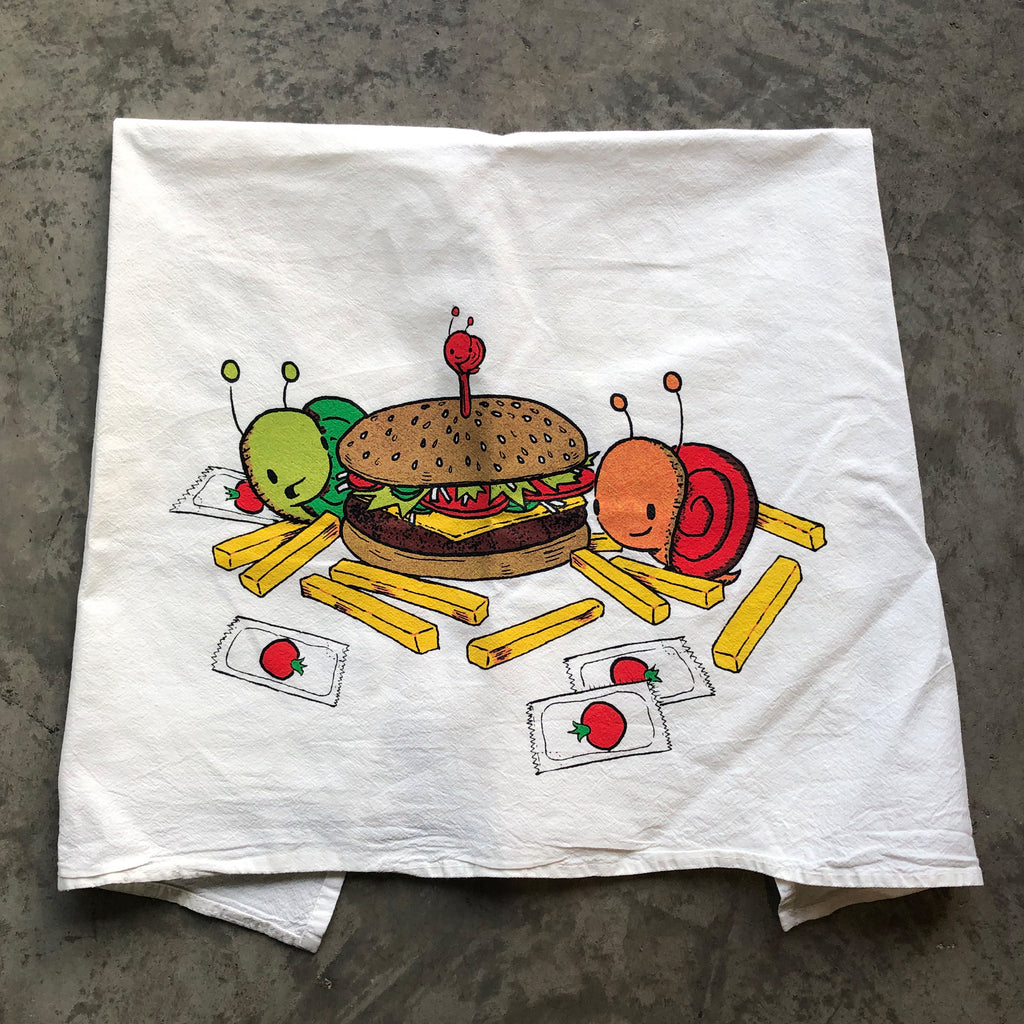 burgers + fries flour sack tea towel